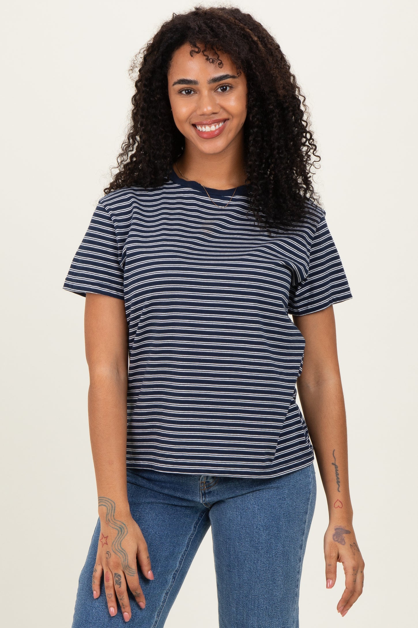 Navy/White Short Sleeve Round Neck Stripe Maternity Tee