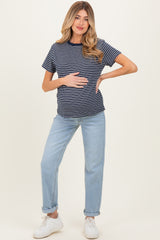 Navy/White Short Sleeve Round Neck Stripe Maternity Tee