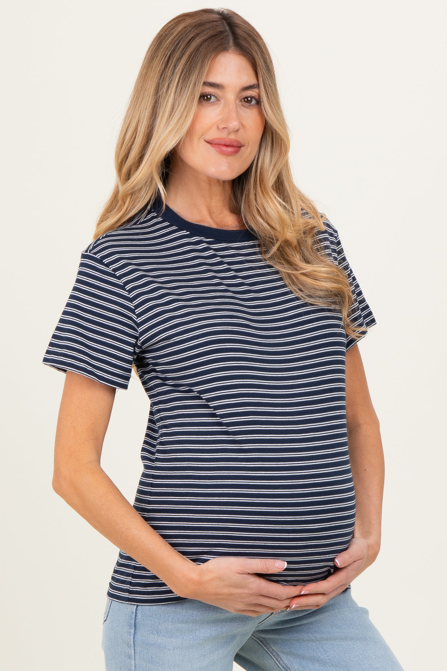 Navy/White Short Sleeve Round Neck Stripe Maternity Tee