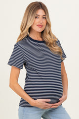 Navy/White Short Sleeve Round Neck Stripe Maternity Tee