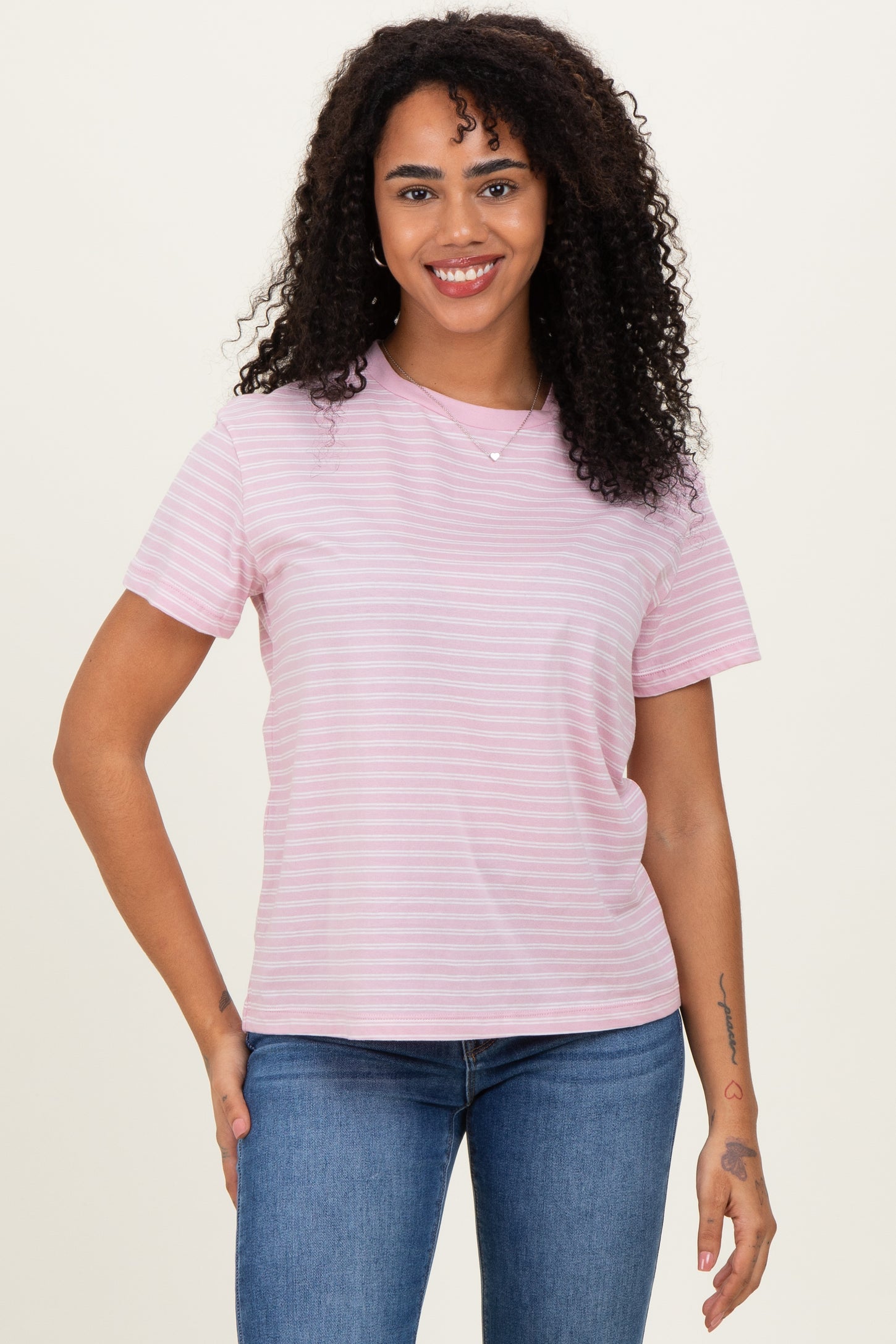 Pink/White Short Sleeve Round Neck Stripe Tee