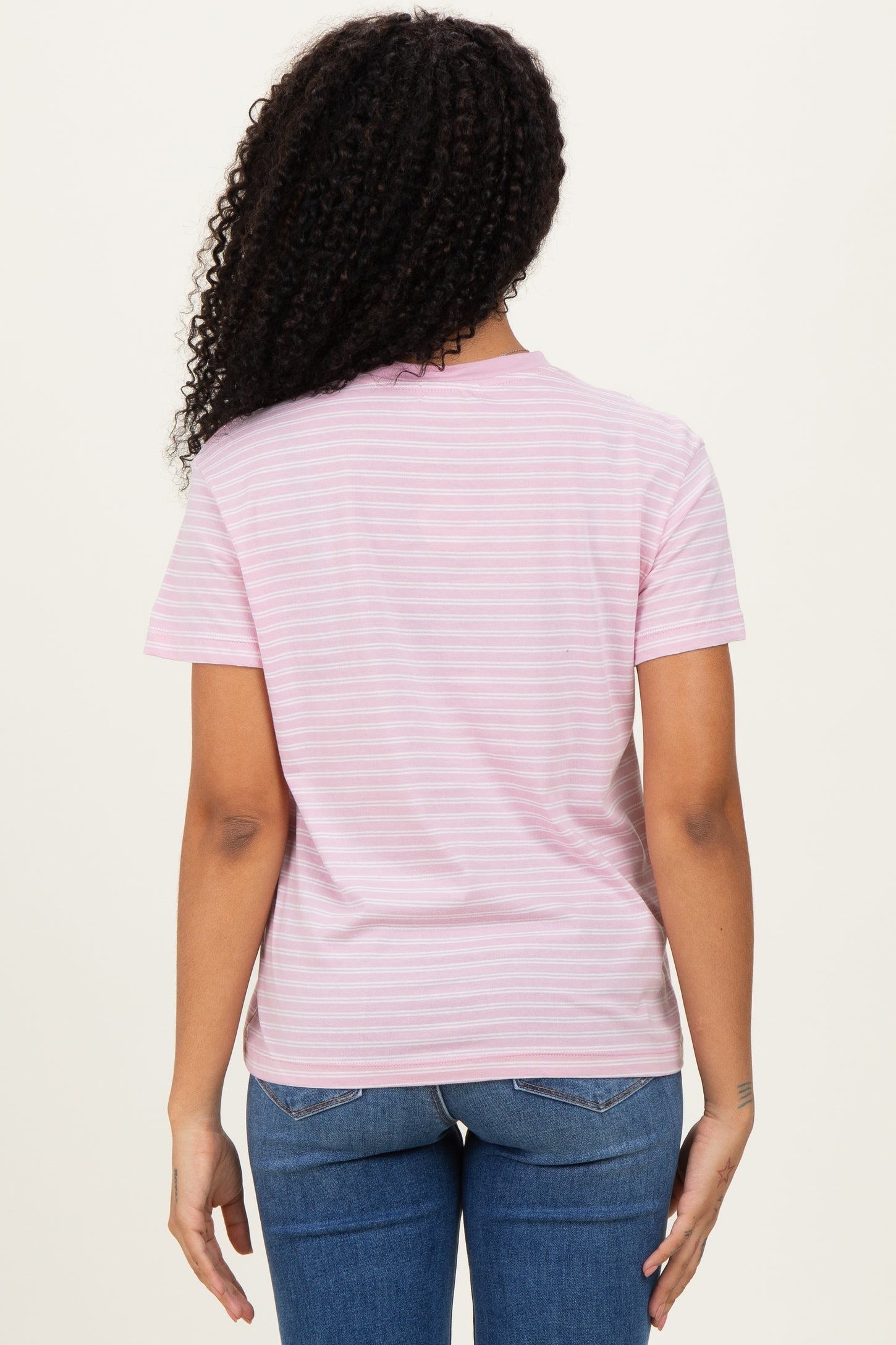 Pink/White Short Sleeve Round Neck Stripe Tee