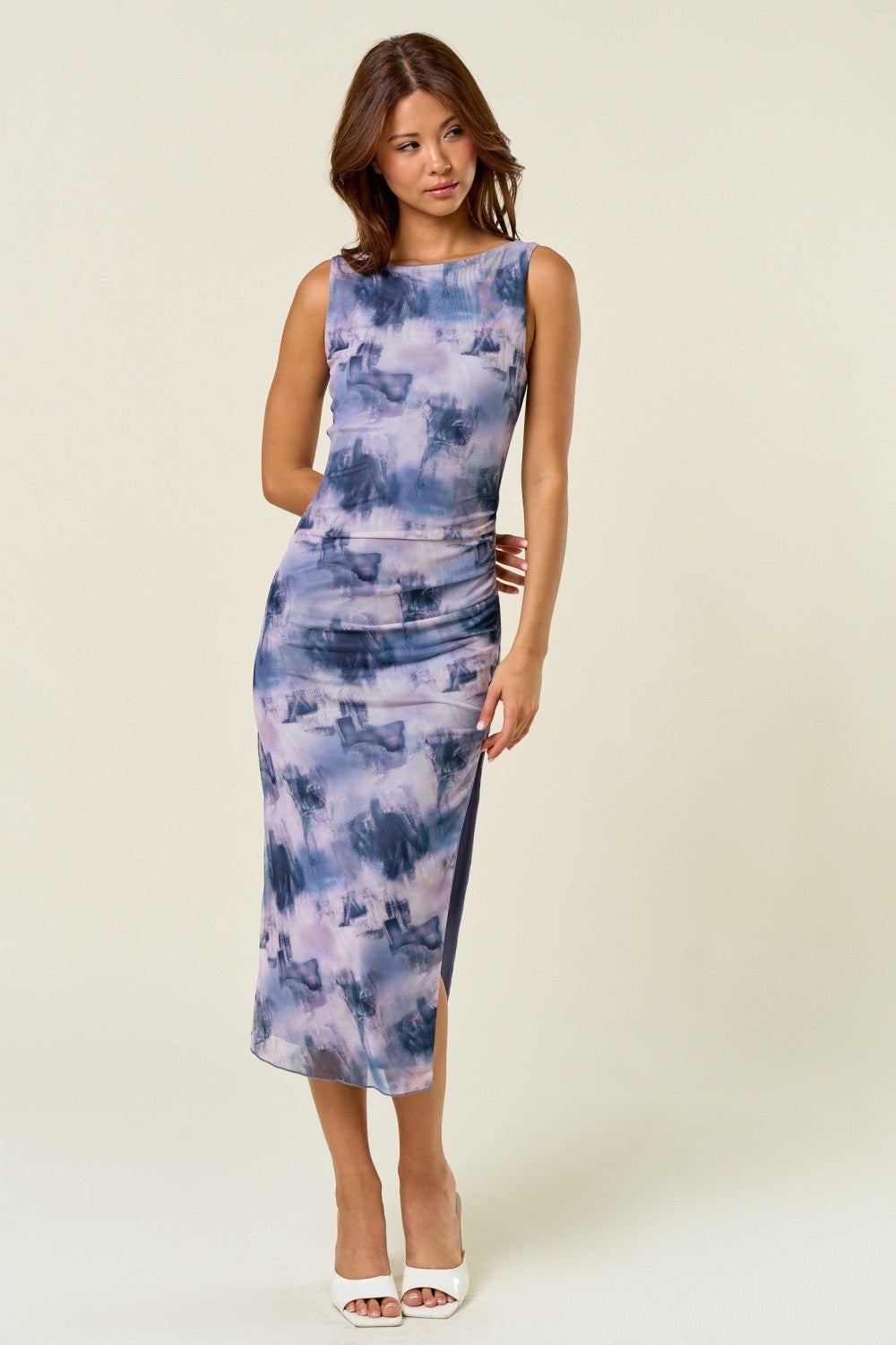 sleeveless mesh midi dress Blue Sleeveless Mesh Dress