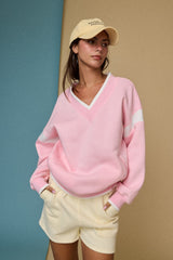 Pink Contrast Sleeve V-Neck Sweatshirt