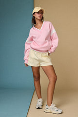 Pink Contrast Sleeve V-Neck Sweatshirt