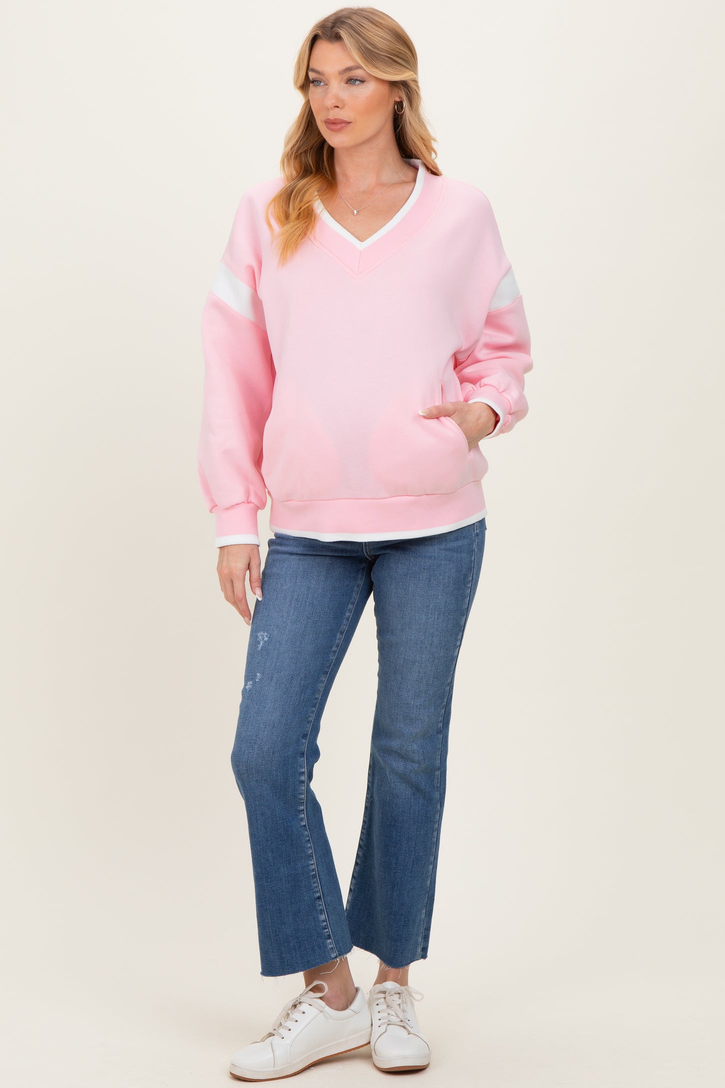 Pink Contrast Sleeve V-Neck Maternity Sweatshirt