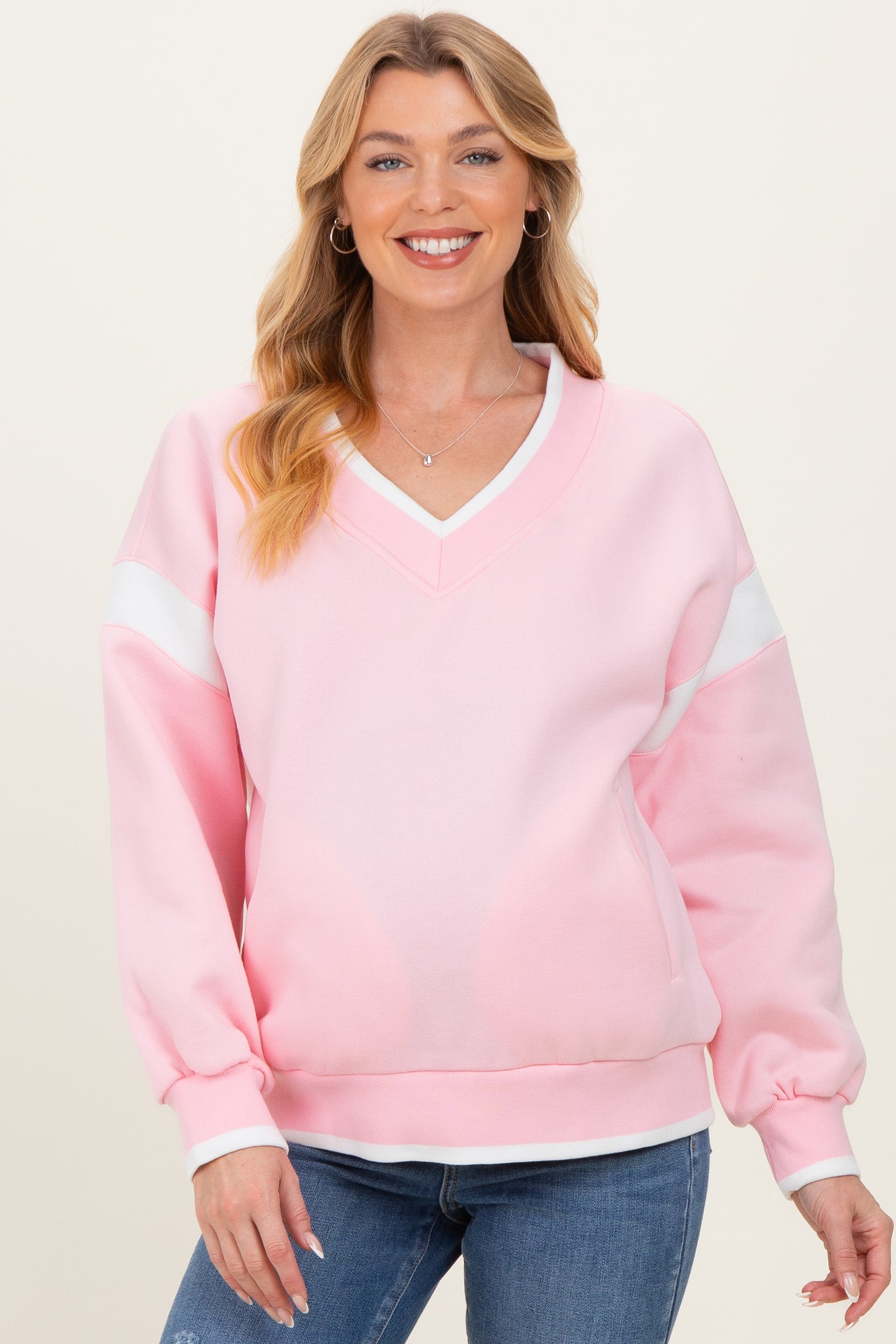Pink Contrast Sleeve V-Neck Maternity Sweatshirt