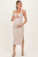 Beige Open Back Maternity Bodycon Dress