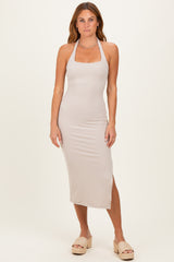 Beige Open Back Maternity Bodycon Dress