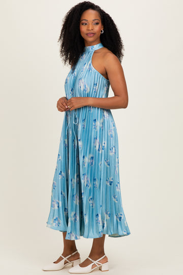 Light Blue Floral Pleated Halter Midi Dress