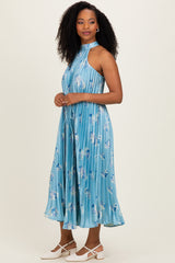 Light Blue Floral Pleated Halter Midi Dress