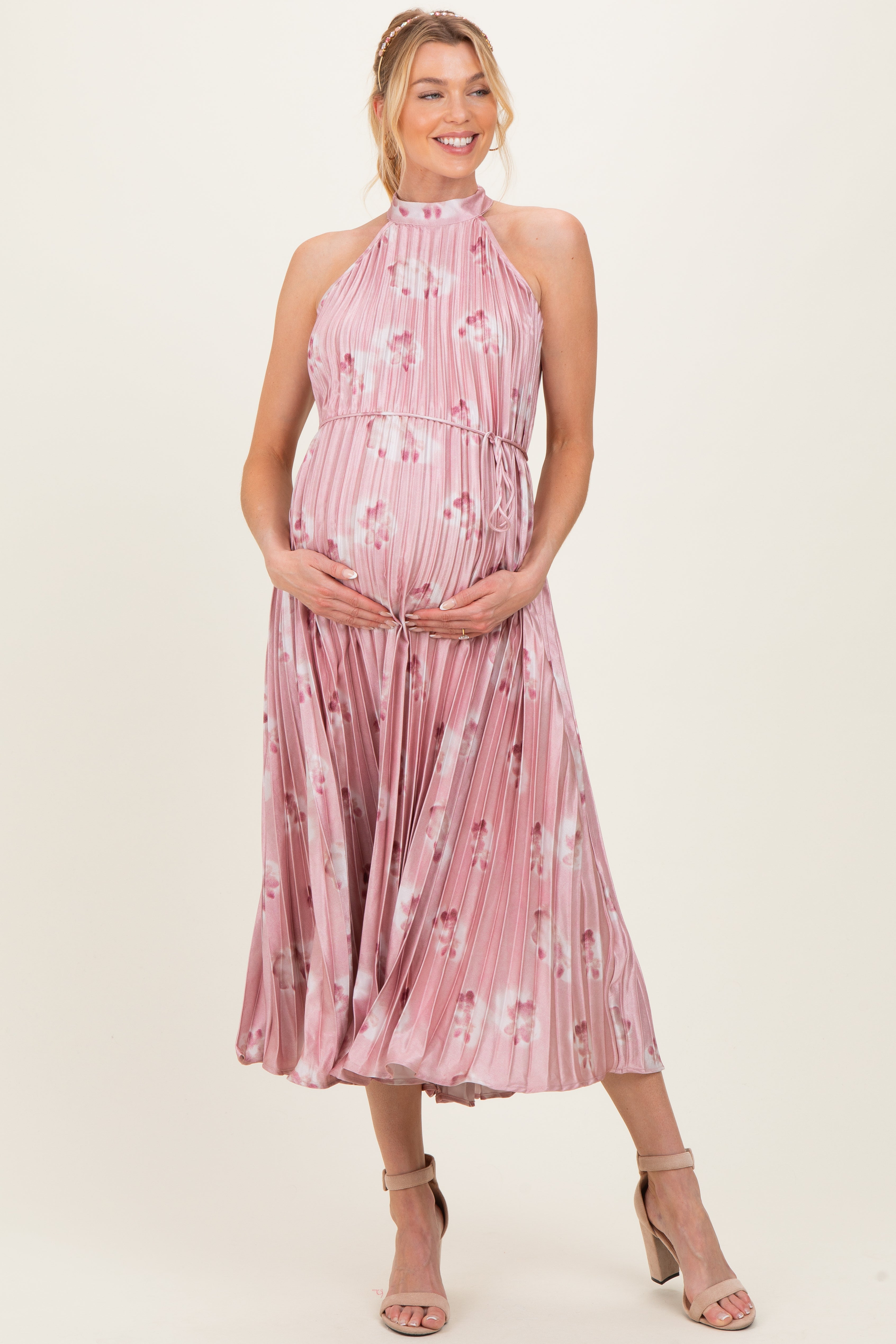 Light Pink Floral Pleated Halter Maternity Midi Dress – PinkBlush