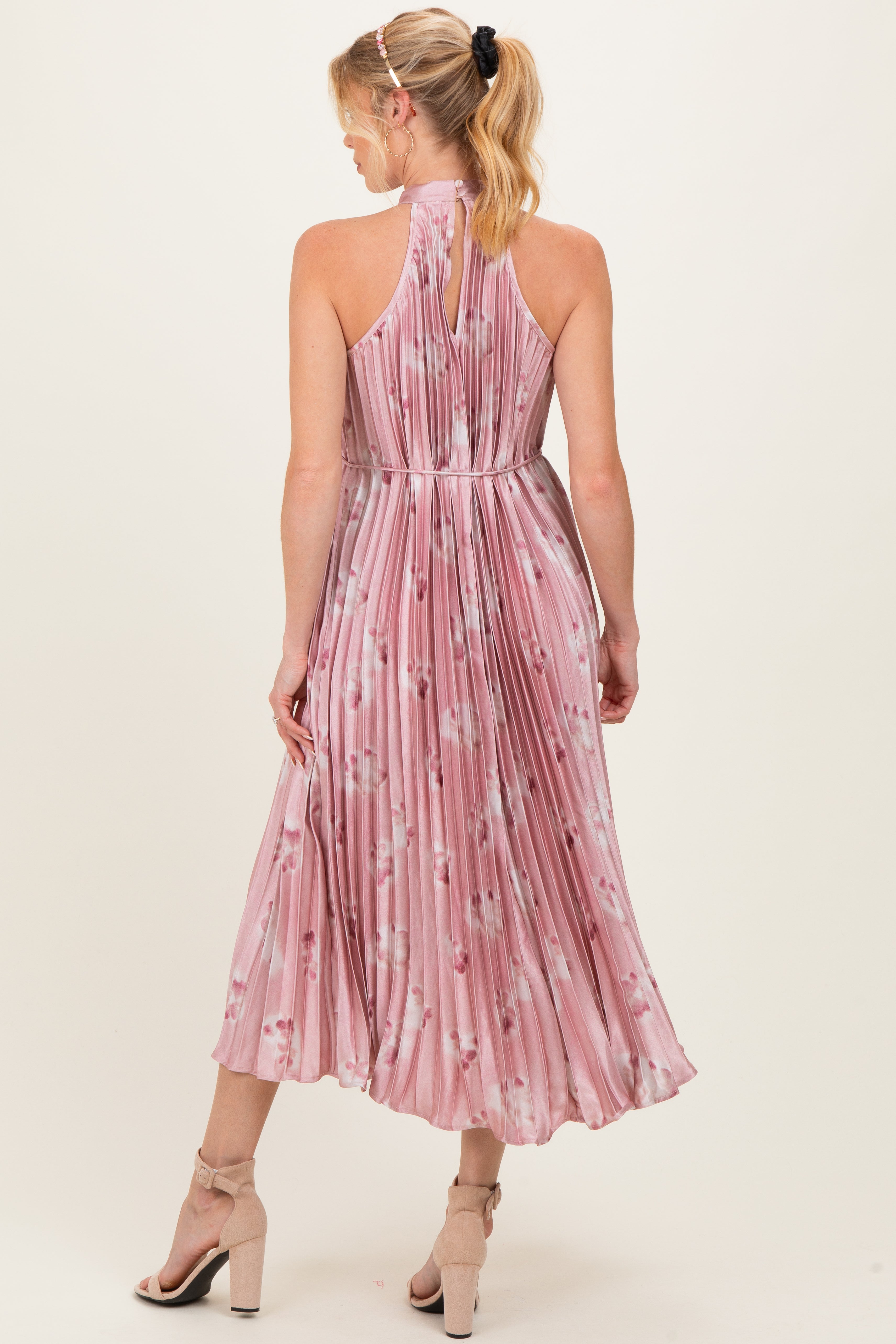 blush floral pleated ruffle midi dress Light Pink Floral Pleated Halter Maternity Midi Dress