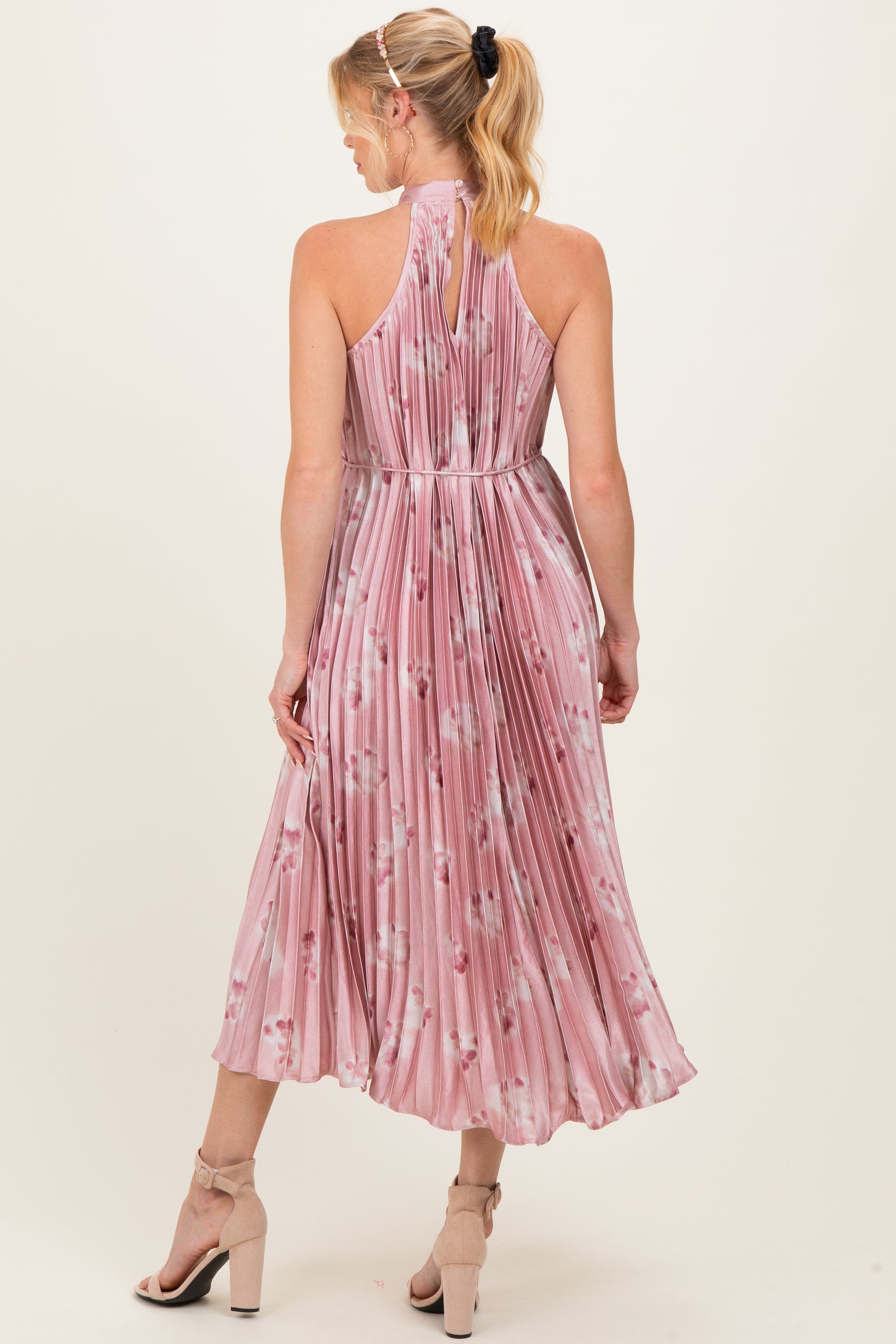 Light Pink Floral Pleated Halter Maternity Midi Dress PinkBlush Light Pink Floral Pleated Halter Maternity Midi Dress PinkBlush