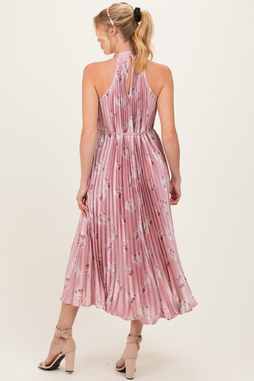 Light Pink  Floral Pleated Halter Maternity Midi Dress