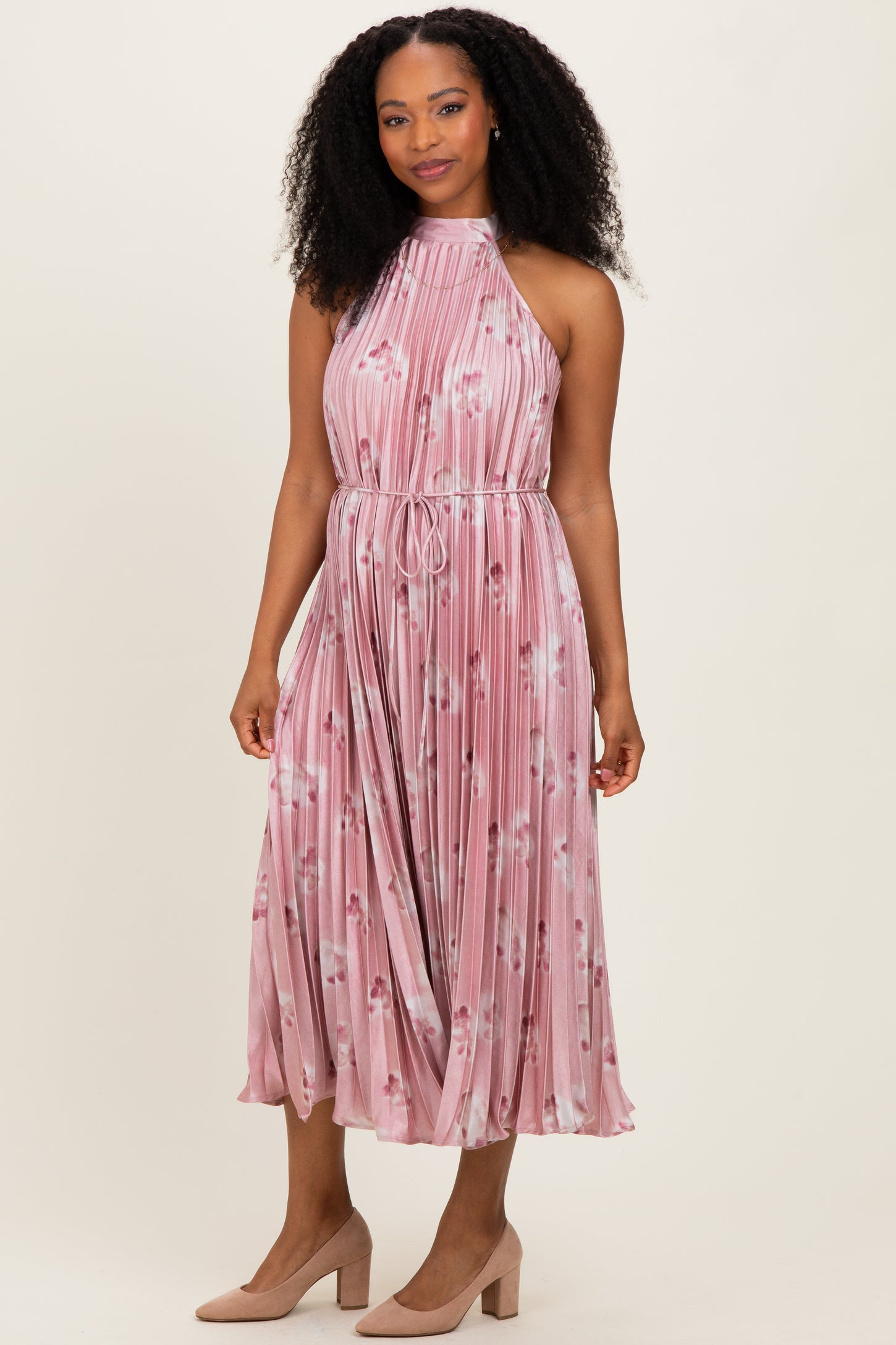 sleeveless pleated halter midi dress Sleeveless Pleated Halter Midi Dress