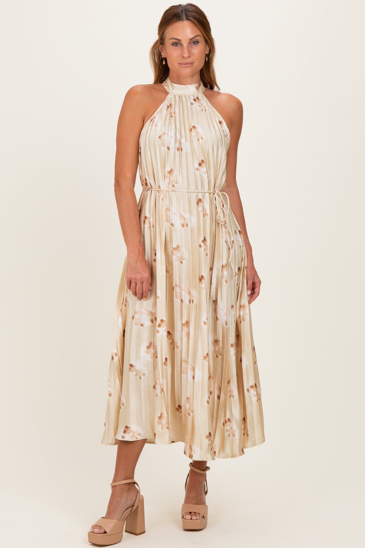 Yellow Floral Pleated Halter Maternity Midi Dress