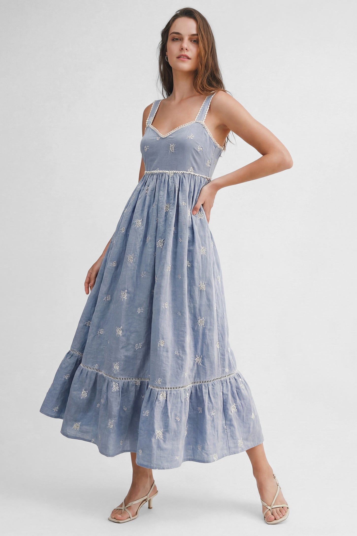 light blue smocked midi dress ASTR the Label | Lahela Smocked Midi Dress in Blue Stripe