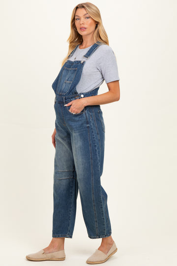 Dark Wash Denim Barrel Maternity Overalls