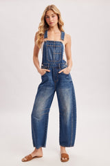 Dark Wash Denim Barrel Overalls