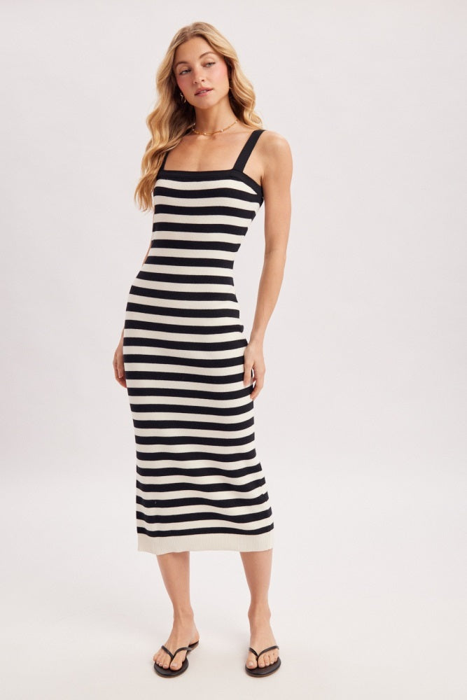 Black Striped Square Neck Sleeveless Knit Midi Dress