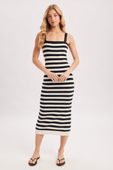 Black Striped Square Neck Sleeveless Knit Midi Dress