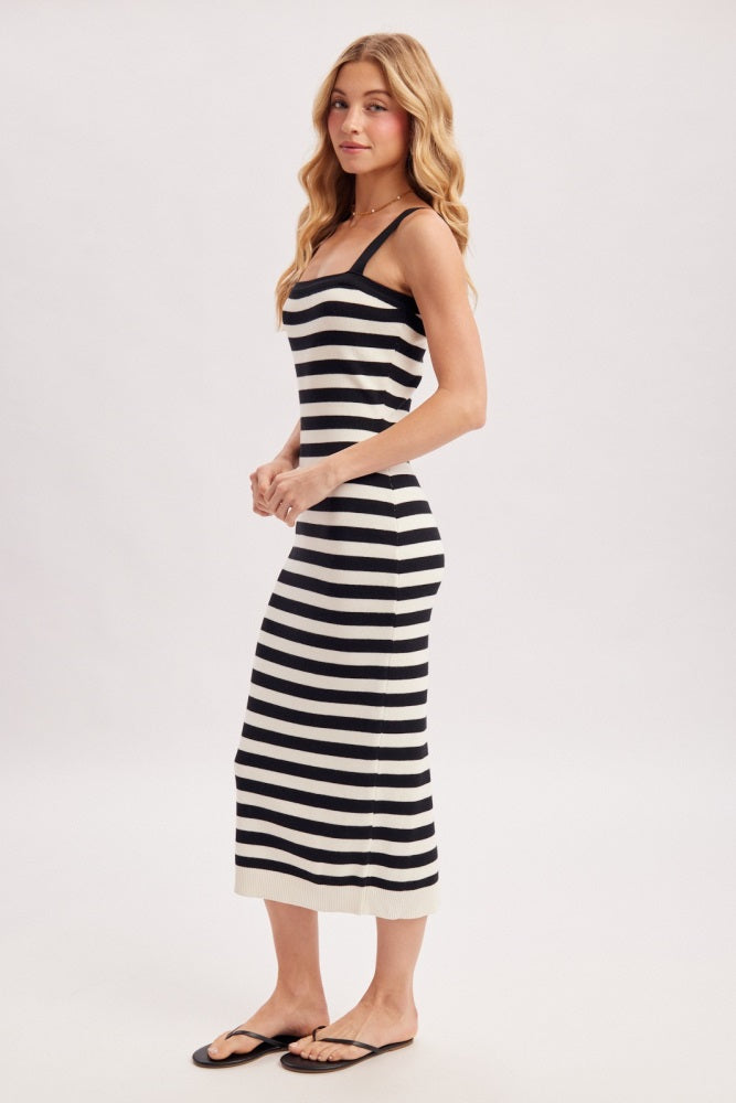 Black Striped Square Neck Sleeveless Knit Midi Dress