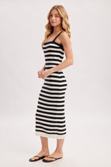 Black Striped Square Neck Sleeveless Knit Midi Dress