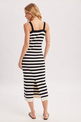 Black Striped Square Neck Sleeveless Knit Midi Dress