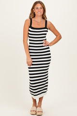 Black Striped Square Neck Sleeveless Knit Midi Dress