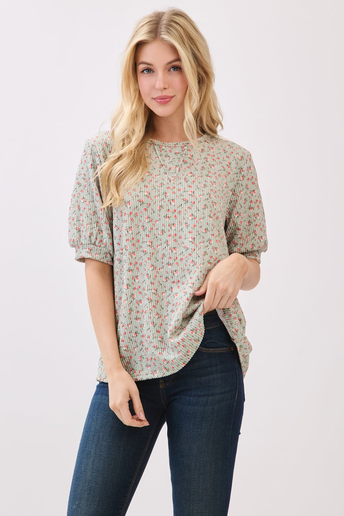 Taupe Ribbed Ditsy Floral Puff Sleeve Maternity Top