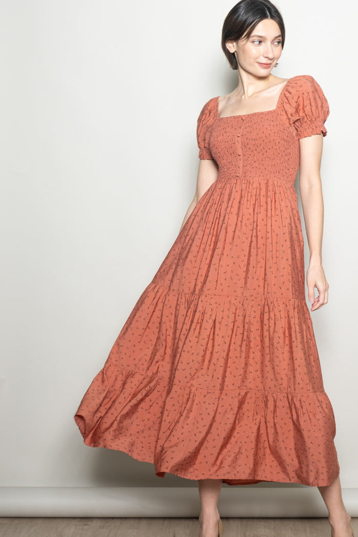 Mauve Tiny Floral Smocked Puff Sleeve Maternity Maxi Dress