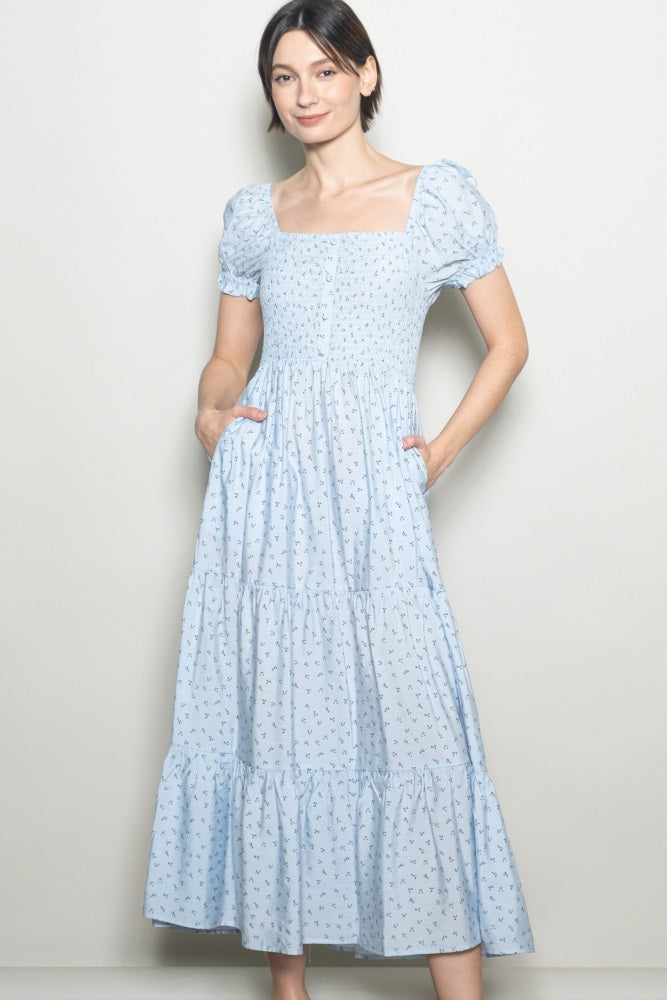 Light Blue Tiny Floral Smocked Puff Sleeve Maxi Dress