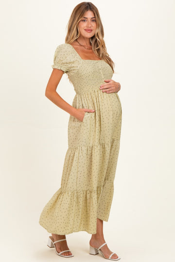 Light Sage Tiny Floral Smocked Puff Sleeve Maternity Maxi Dress