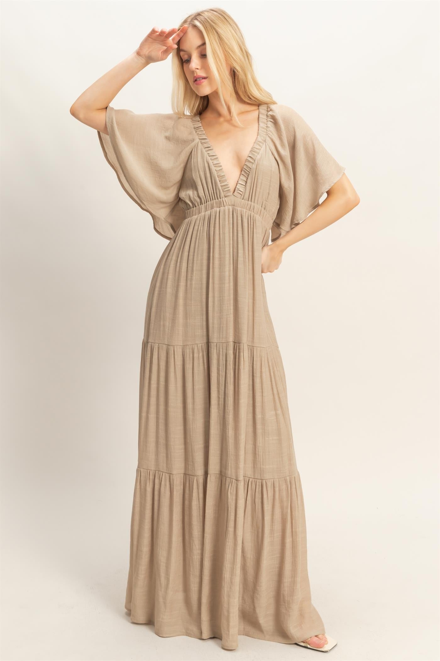 Taupe Flutter Sleeve Maxi Dress – PinkBlush