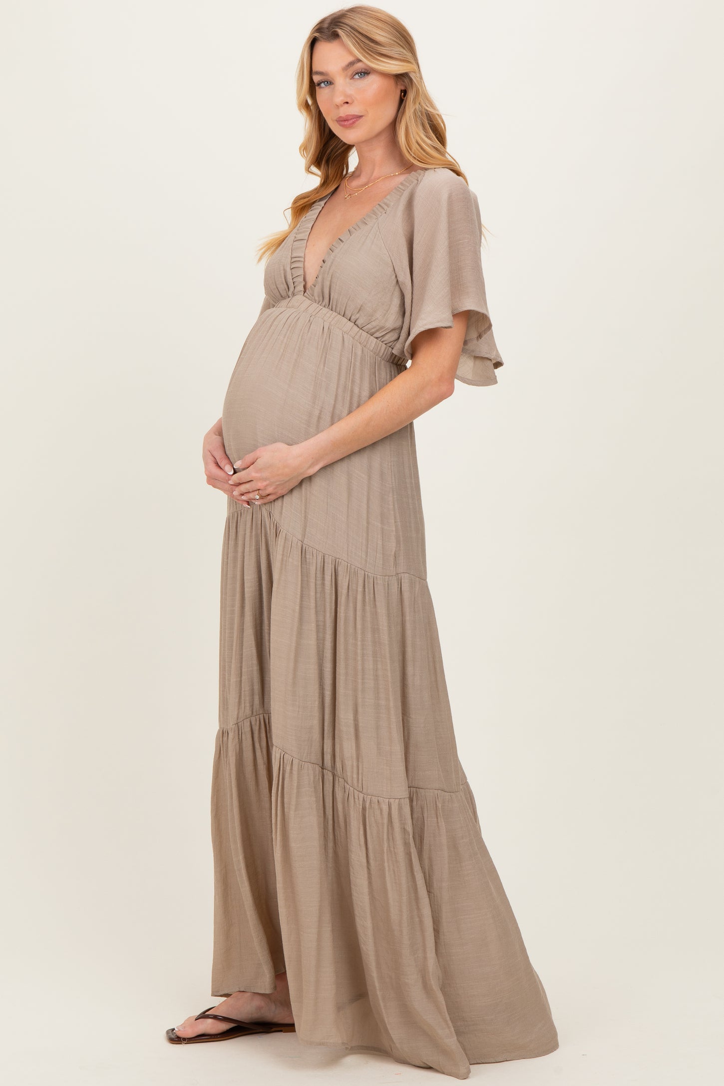 Taupe Flutter Sleeve Maternity Maxi Dress – PinkBlush