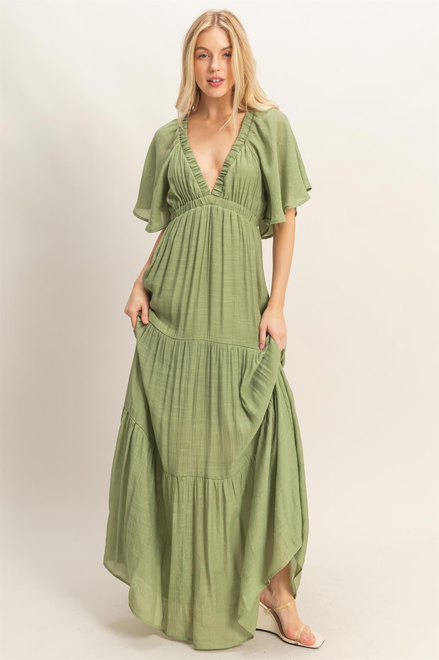 Light Olive Flutter Sleeve Maternity Maxi Dress