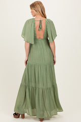 Light Olive Flutter Sleeve Maternity Maxi Dress