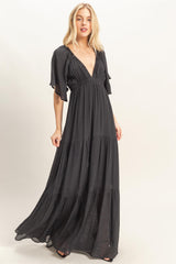 Black Flutter Sleeve Maternity Maxi Dress