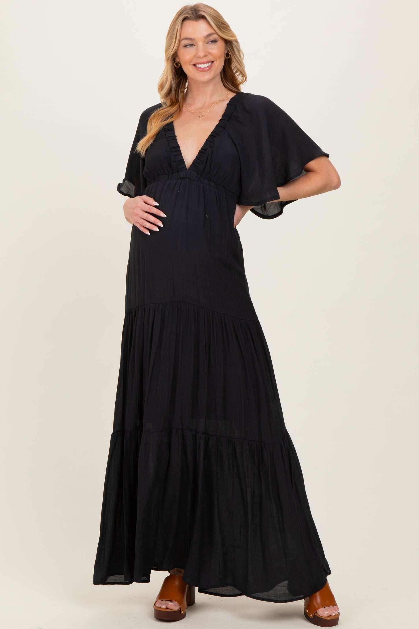 flutter sleeve dress black Black Flutter Sleeve Maternity Maxi Dress