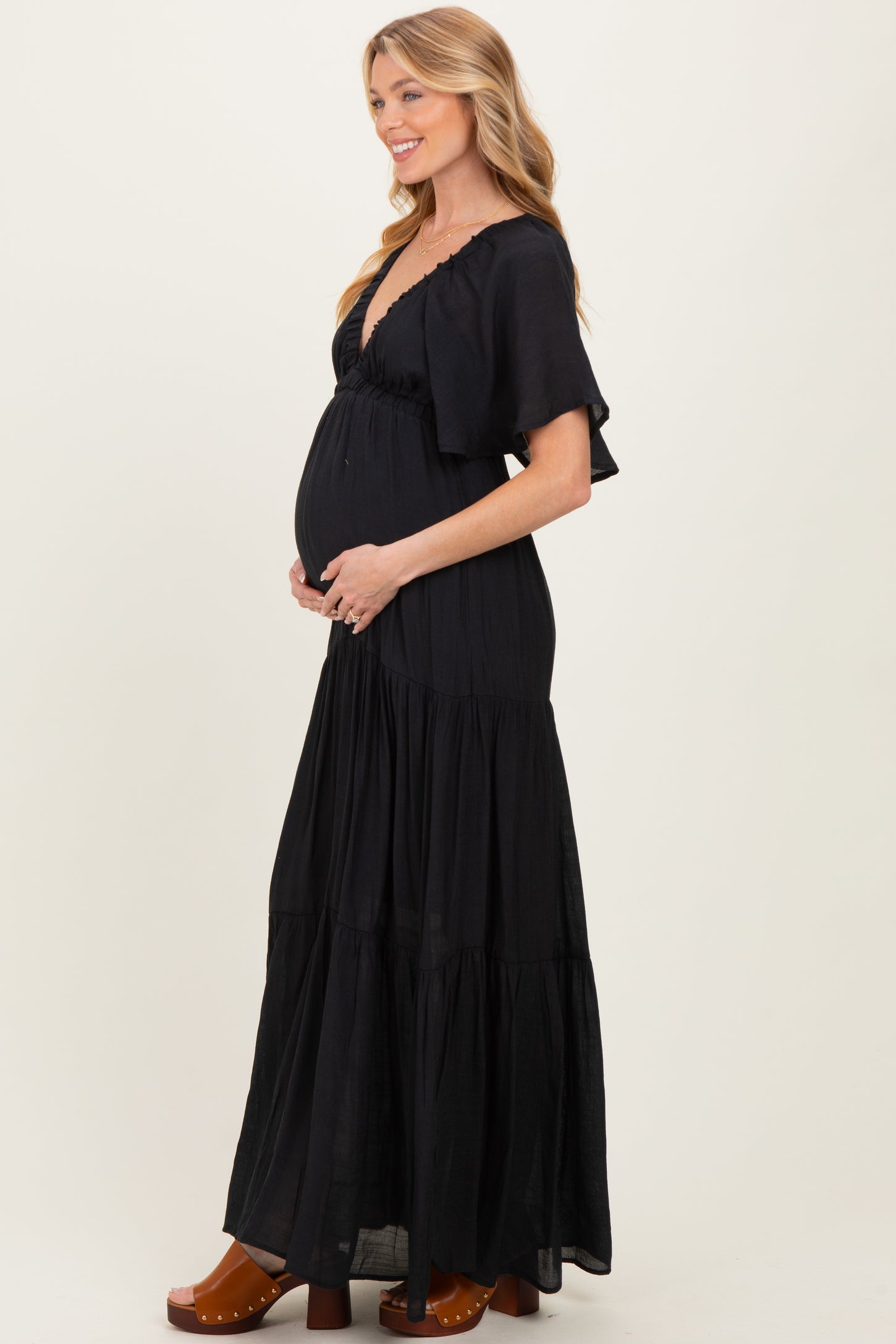 Black Flutter Sleeve Maternity Maxi Dress