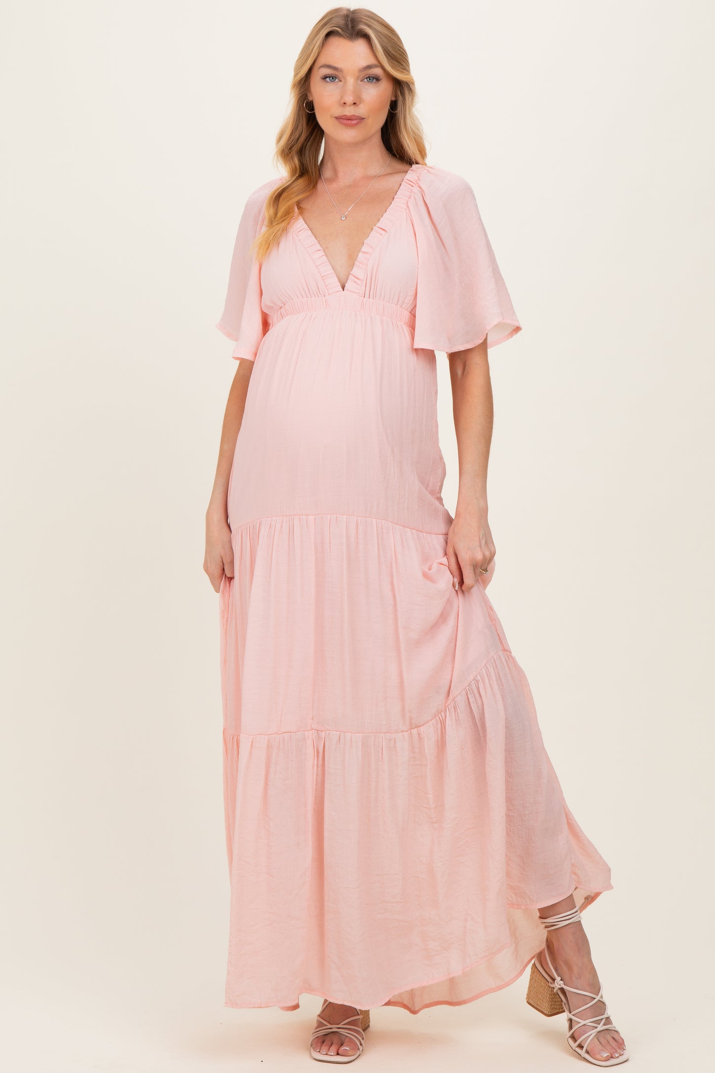 light pink flutter sleeve dress Blush Pink Long Flutter-Sleeve Prom Gown A1176 Blush / 2