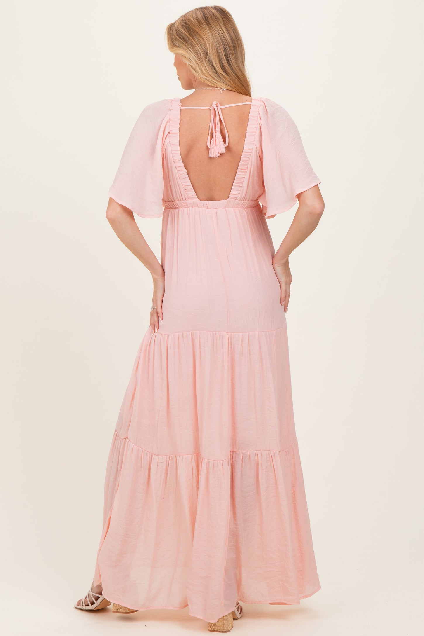 Light Pink Flutter Sleeve Maternity Maxi Dress