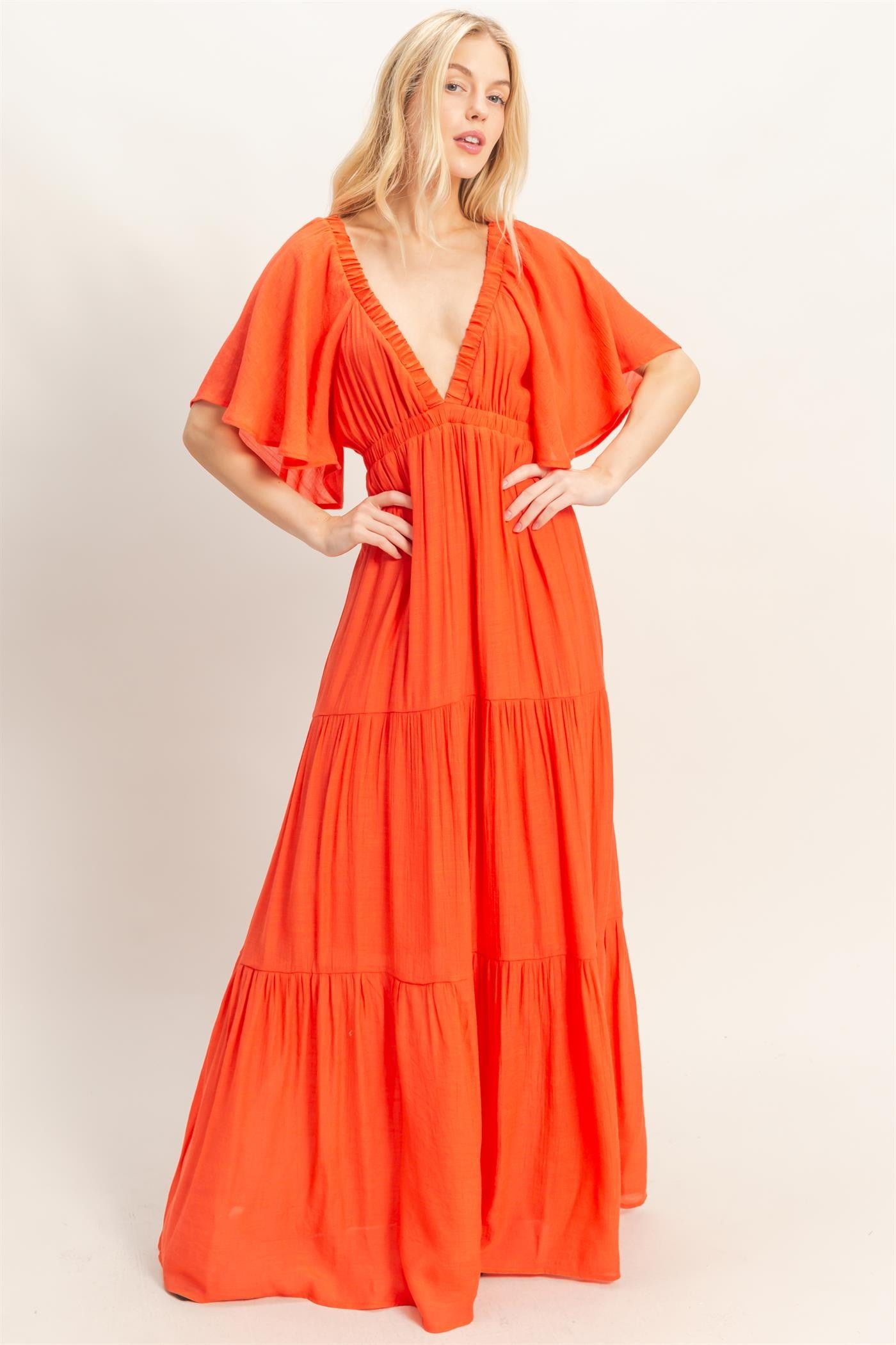 Orange Flutter Sleeve Maternity Maxi Dress