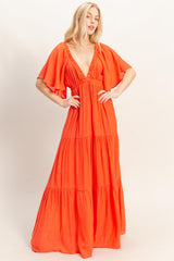 Orange Flutter Sleeve Maternity Maxi Dress