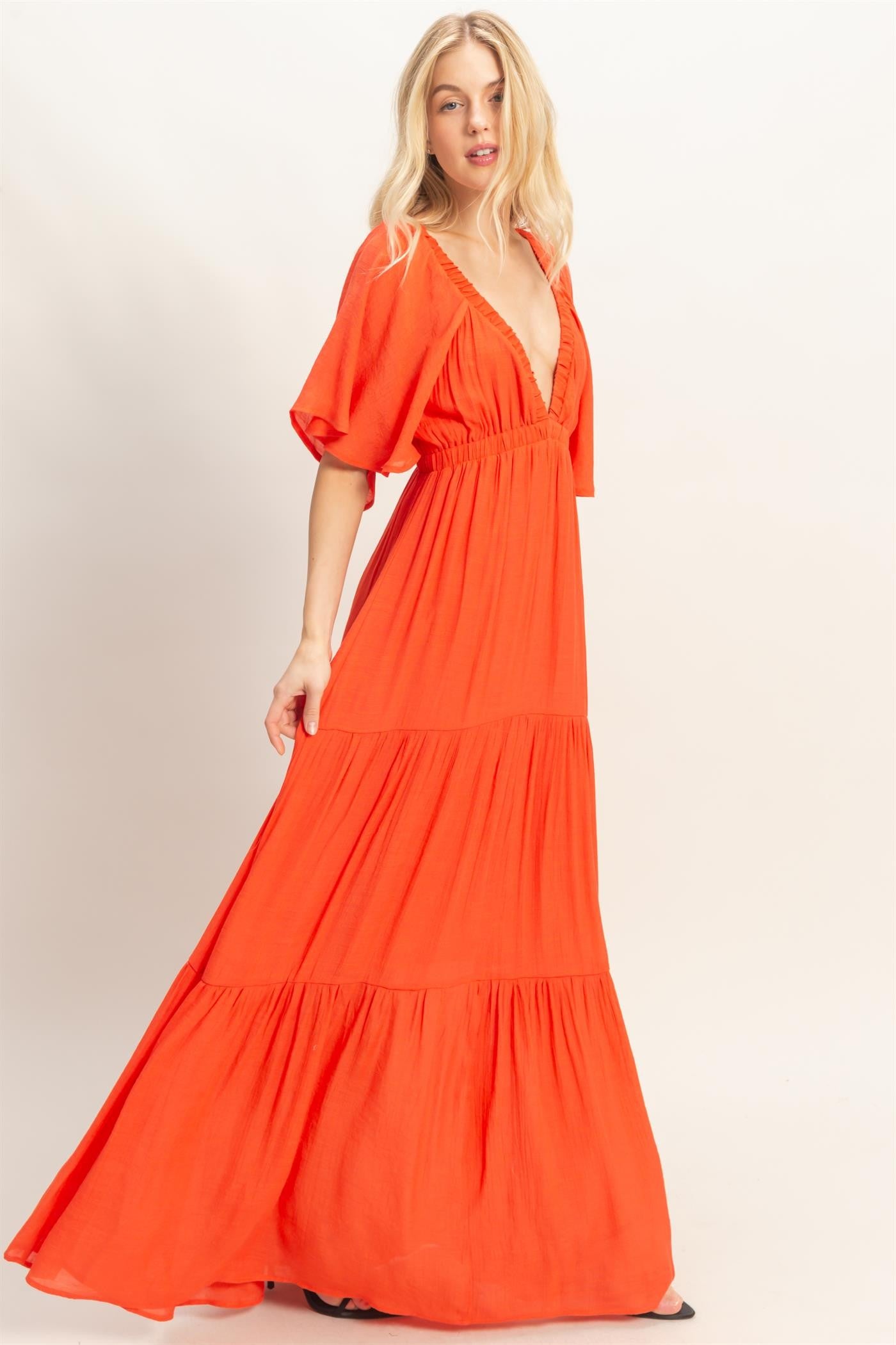 Orange Flutter Sleeve Maxi Dress