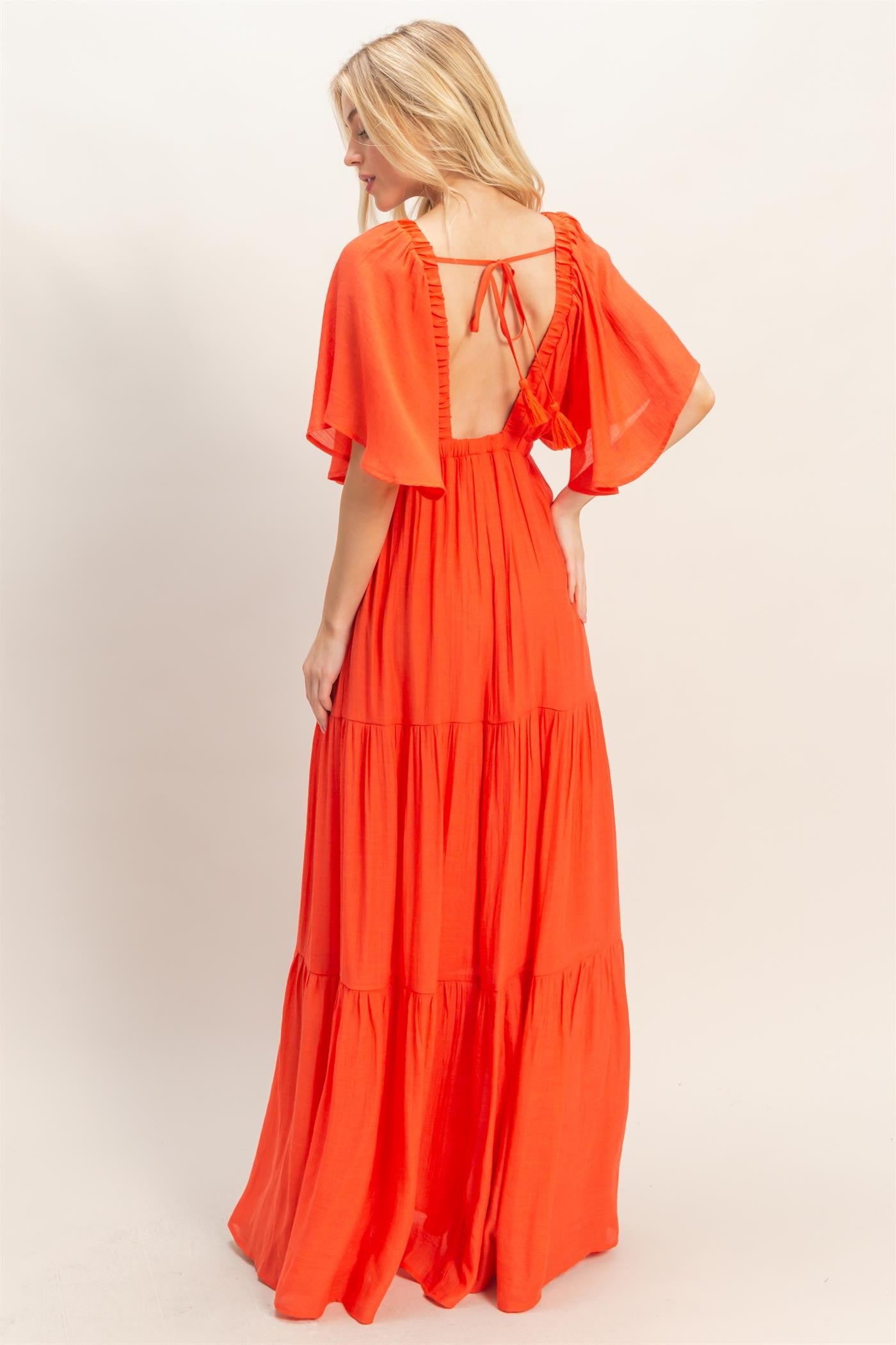 Orange Flutter Sleeve Maxi Dress