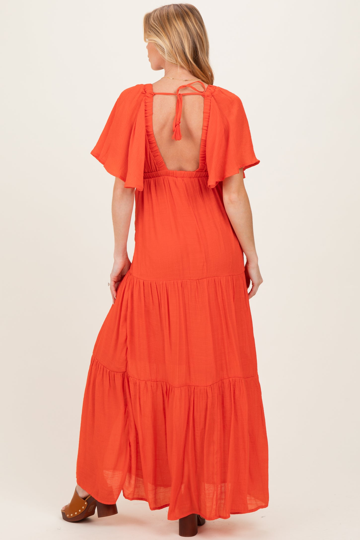 Orange Flutter Sleeve Maternity Maxi Dress