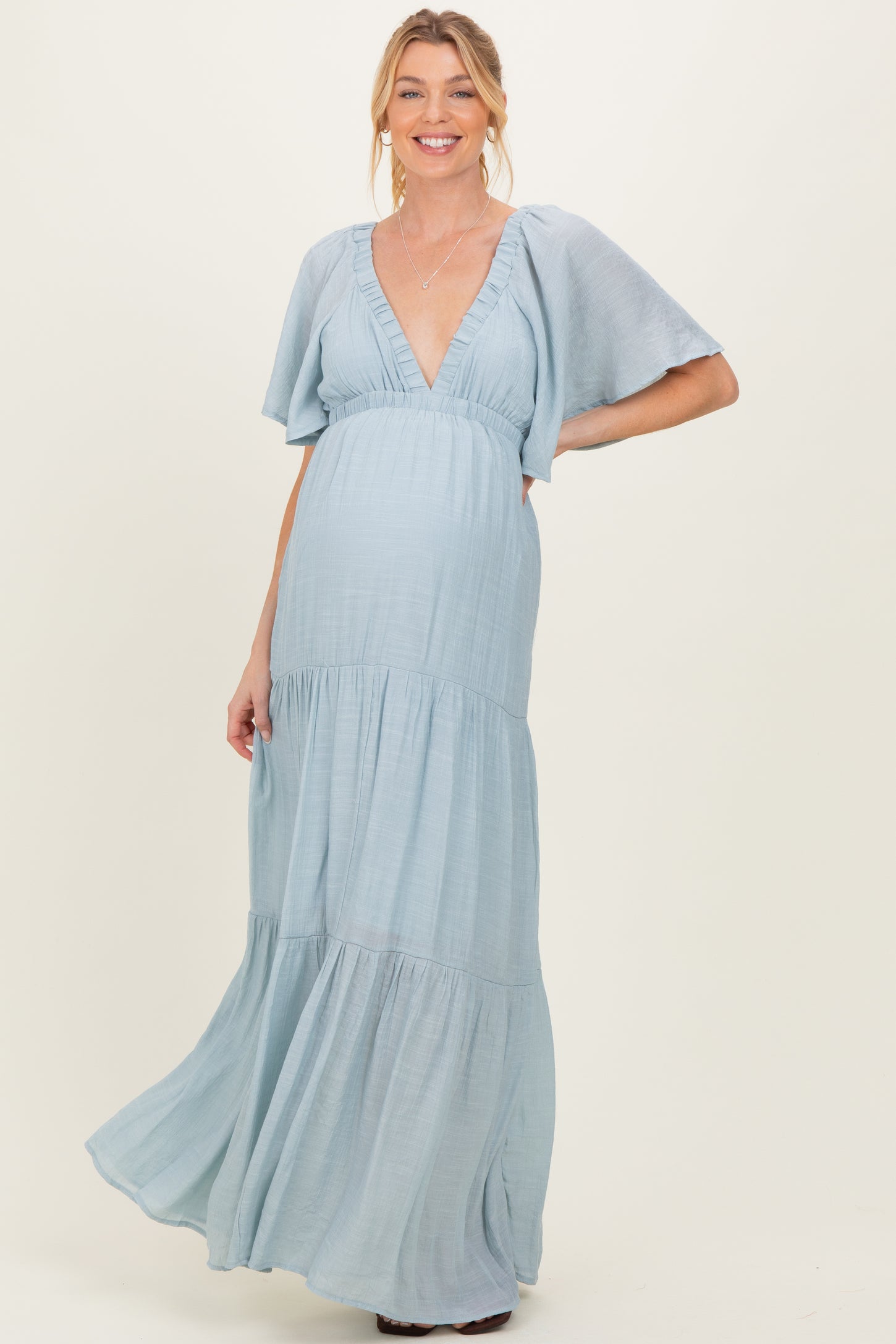 pale blue wrap dress maxi Light Blue Flutter Sleeve Maternity Maxi Dress