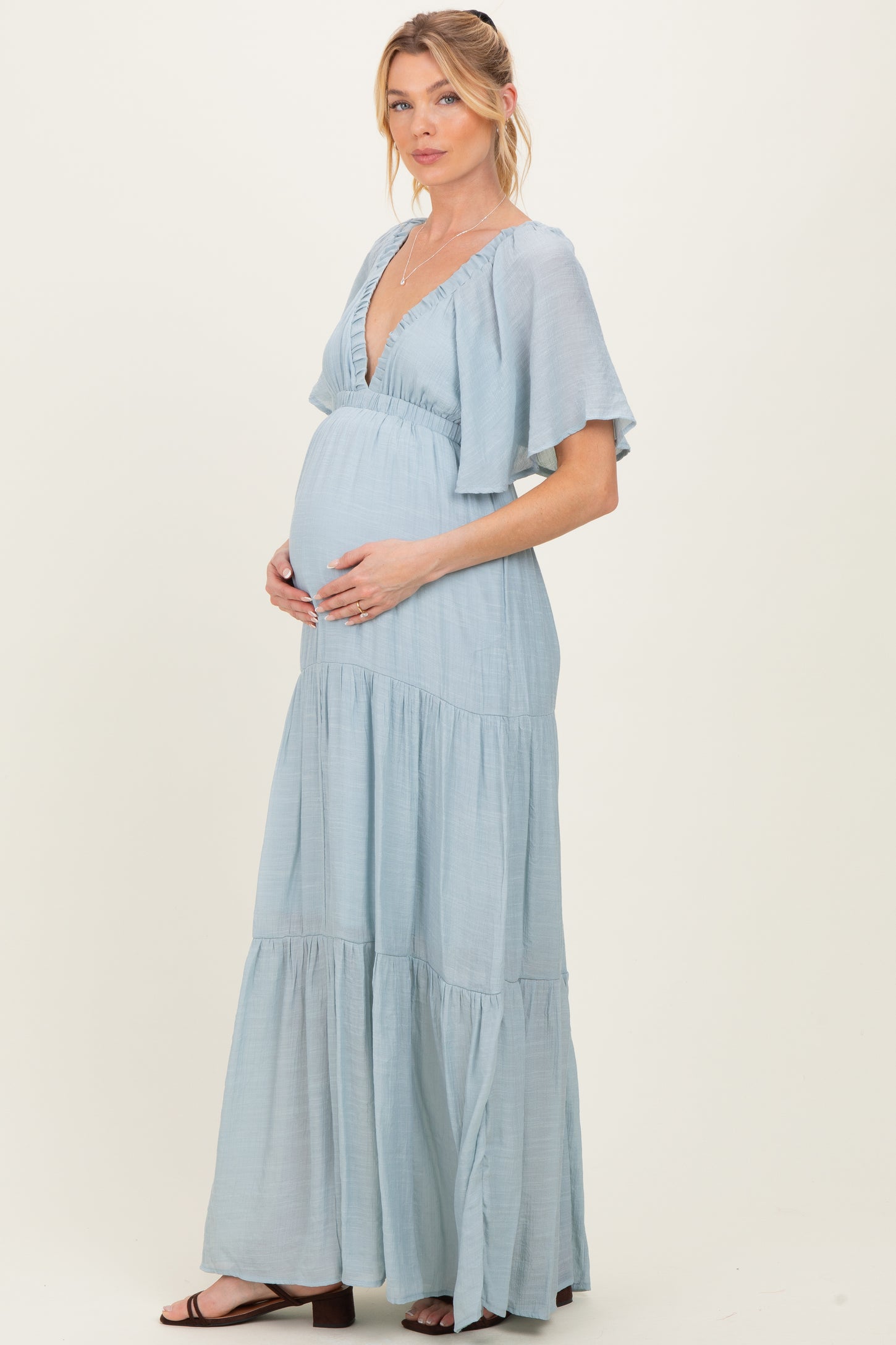 light blue flutter sleeve dress LIGHT BLUE BRAIDED WAIST FLUTTER SLEEVE MIDI DRESS L